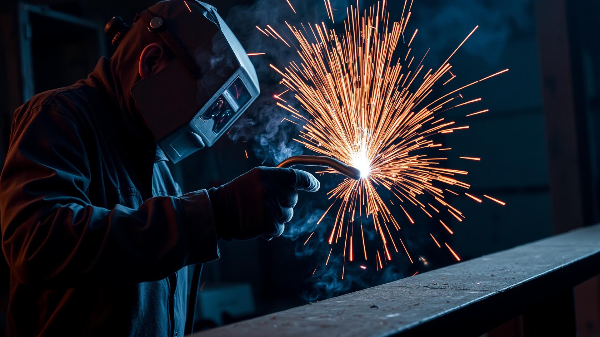 Welder using a MIG welding torch with sparks in an industrial workshop